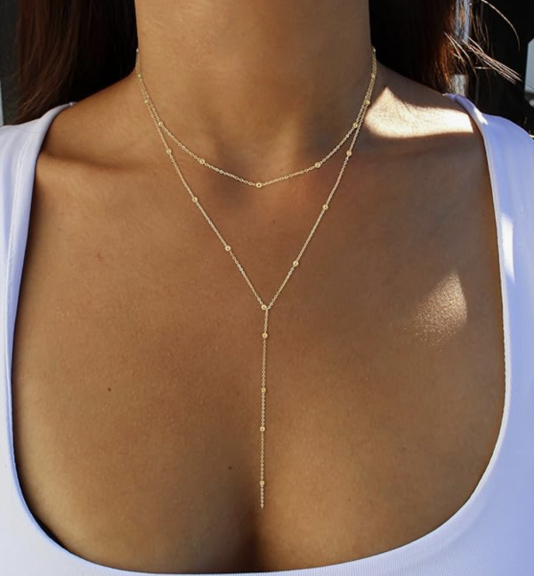 Gold Necklace for Women, Dainty Long Necklace 14k Gold Plated/Silver Y-Shaped Pendant Necklace Trendy Layered Cz Beaded Chain Drop Necklaces Simple Gold Jewelry For Women Gift